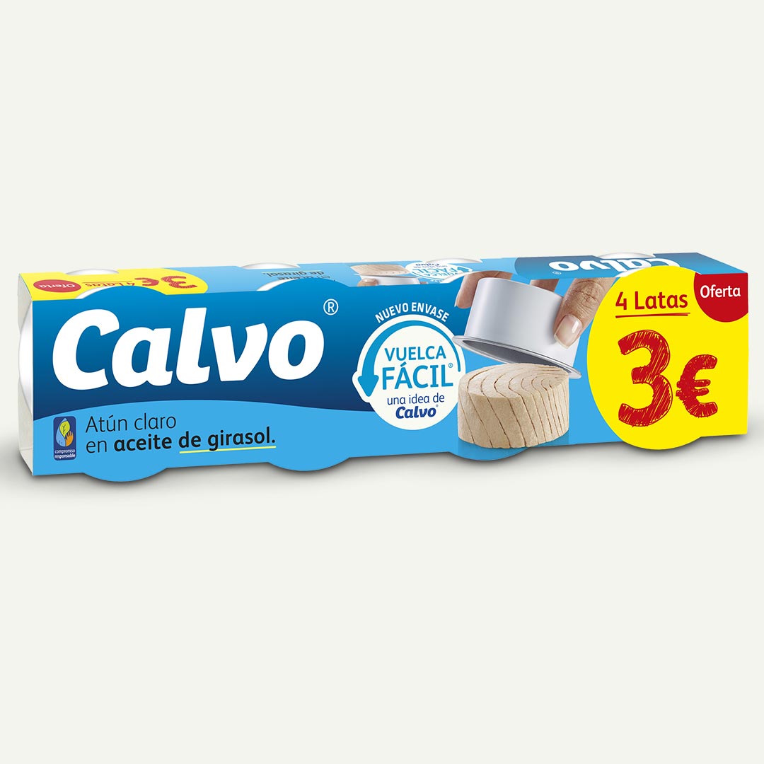 ATUN CLARO ACEITE GIRASOL VUELCA FACIL 3€ CALVO 52G P-4