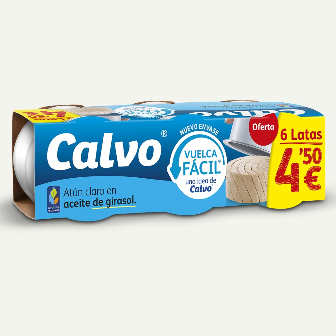 ATUN CLARO ACEITE GIRASOL VUELCA FACIL 4.50€ CALVO 52G P-6