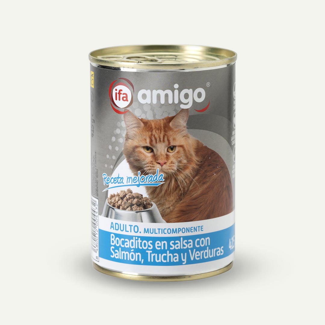 COMIDA GATO BOCADITOS EN SALSA CON SALMON IFA AMIGO 415G