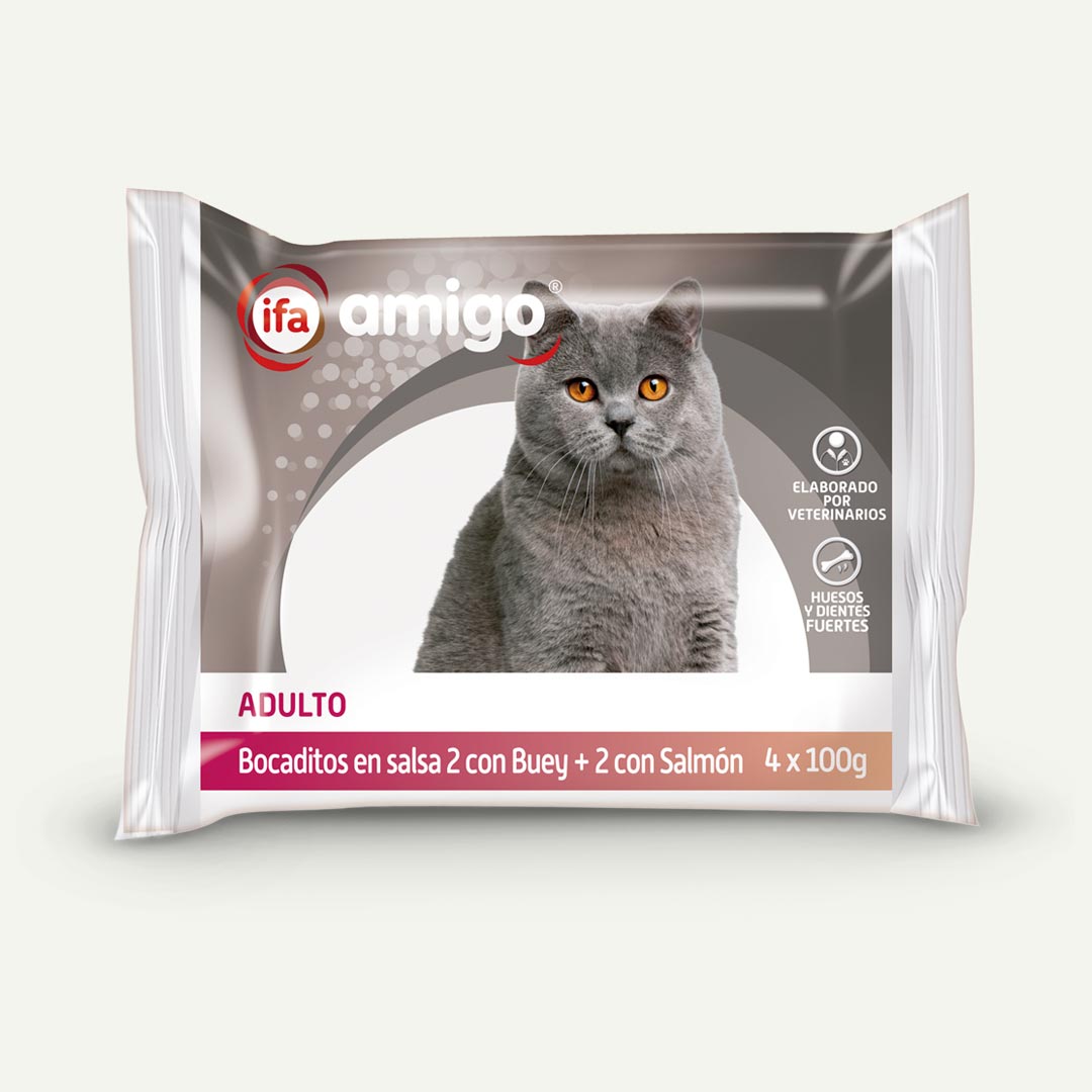 COMIDA GATO SALSA 2 BUEY + 2 SALMON IFA P-4 100G
