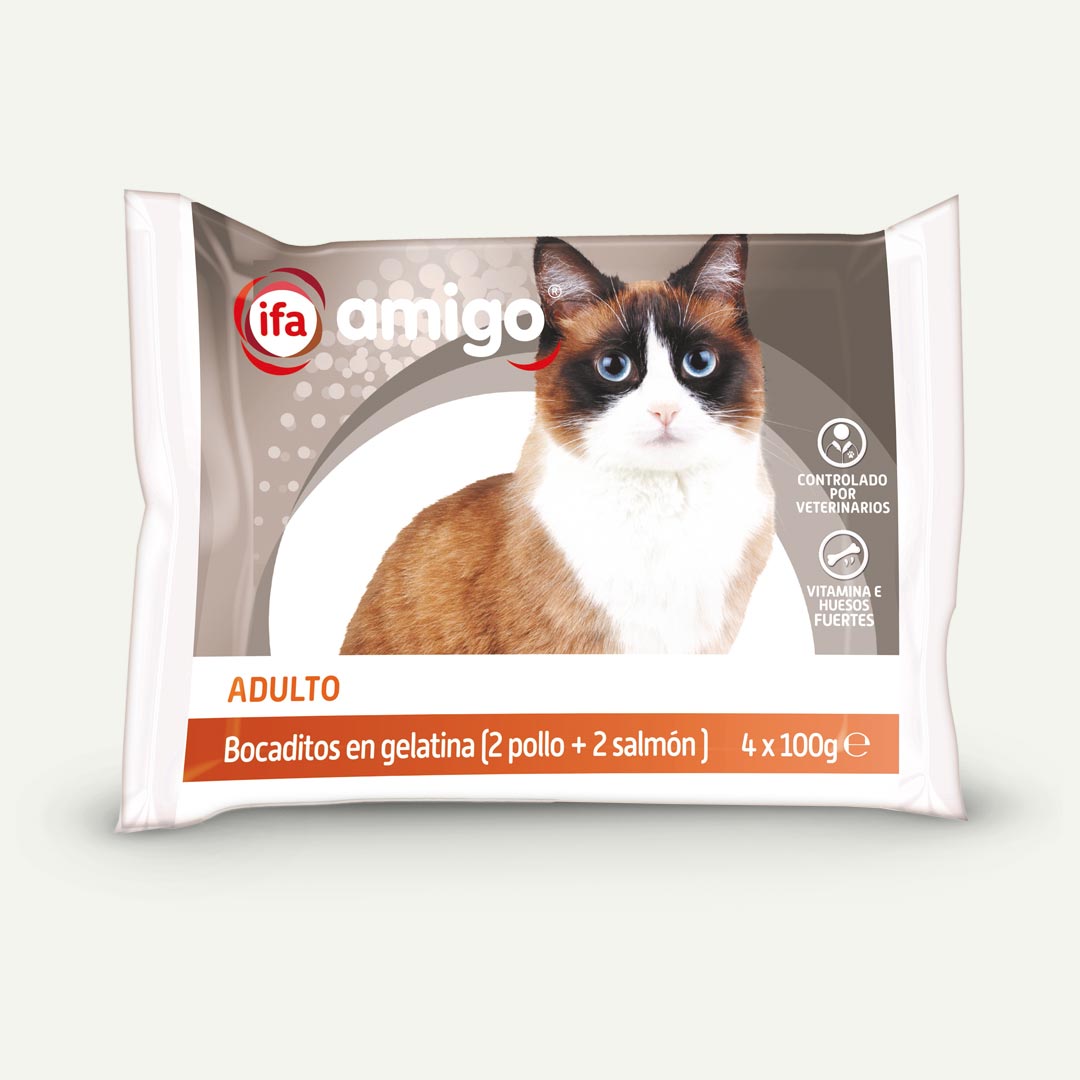 COMIDA GATO GELATINA 2 POLLO + 2 SALMON FA AMIGO P-4 100G